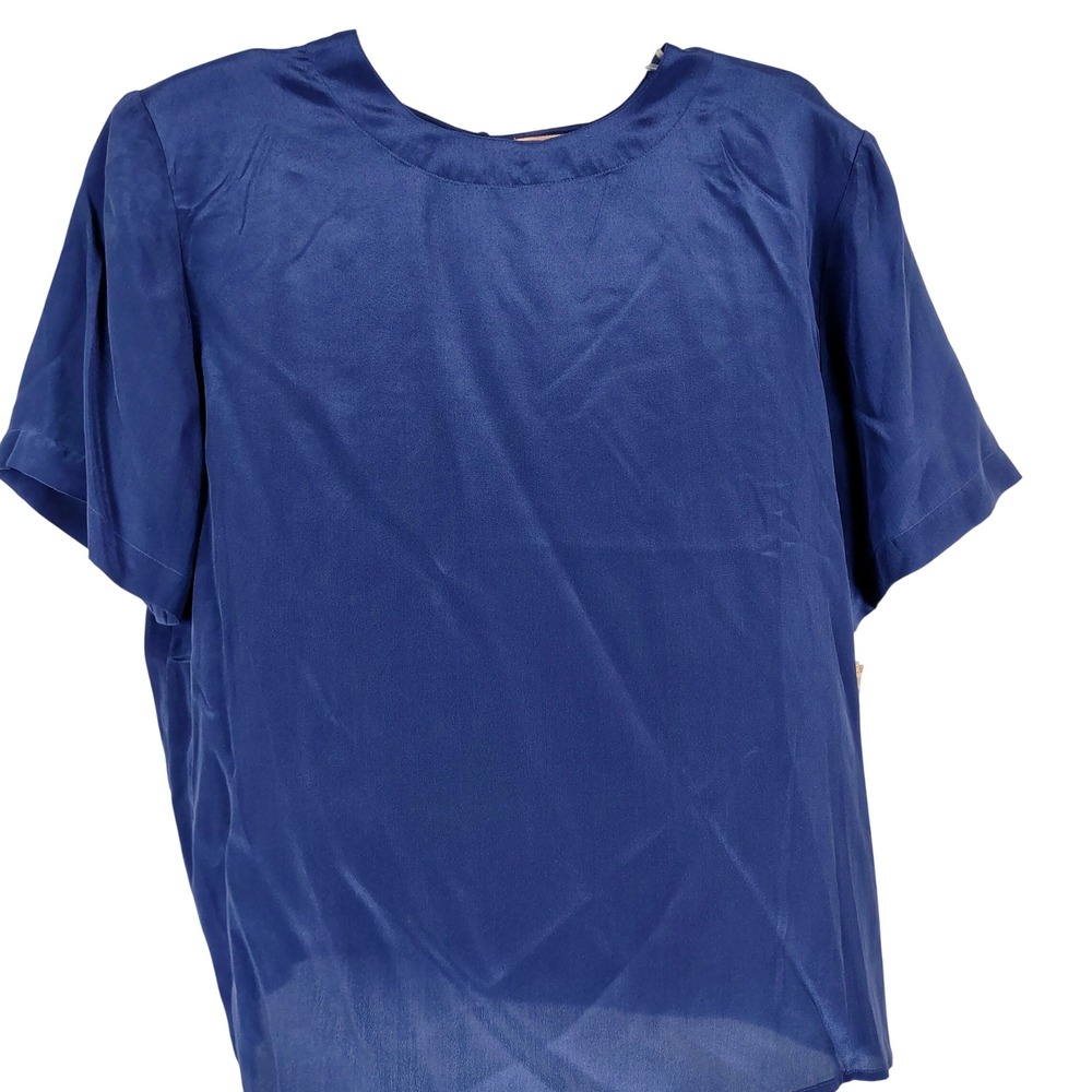 NWT Kim Rogers Womens XL Short Sleeve Silk Blouse Indigo Blue Minimalist Luxury